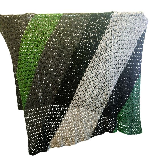 Handmade Crochet Afghan Throw Blanket Openwork Green/Gray/Black 57x85 Inches - Picture 3 of 6
